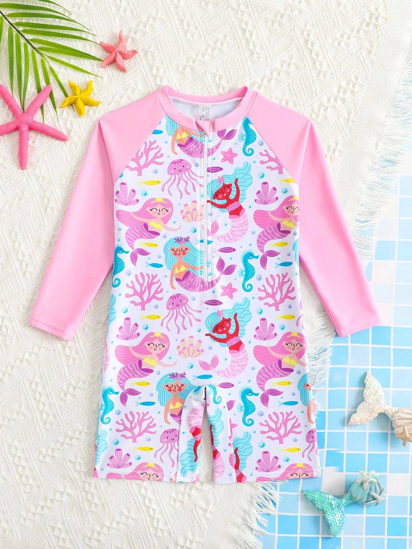 Girls' Cute Ocean Mermaid Princess All-Over Print Casual Fashion Swimwear Pink Long-Sleeved + Cartoon Print One-Piece Swimsuit Suitable for 4-8 Year Old Children for Beach and Seaside Leisure Vacations