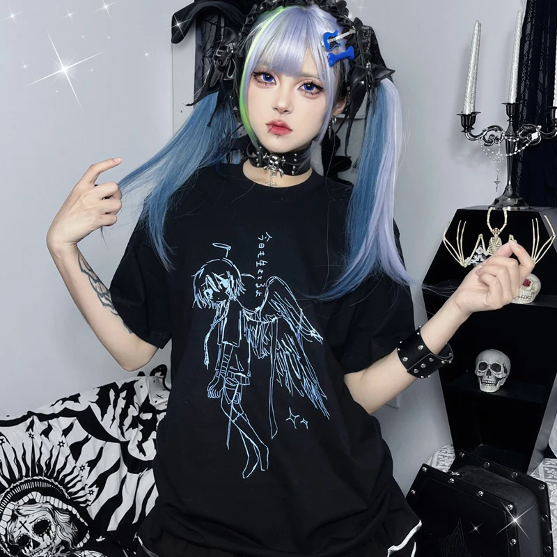 Harajuku Angel Wings Print Cotton Short Sleeve Women's Shirt Summer Kawaii  Casual T-Shirt Subculture Oversize Women's Clothes