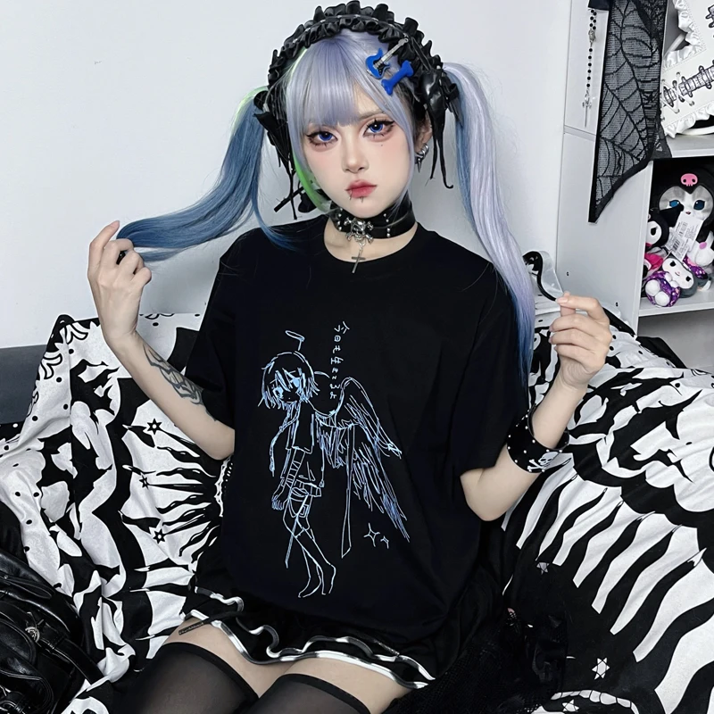 Harajuku Angel Wings Print Cotton Short Sleeve Women's Shirt Summer Kawaii  Casual T-Shirt Subculture Oversize Women's Clothes