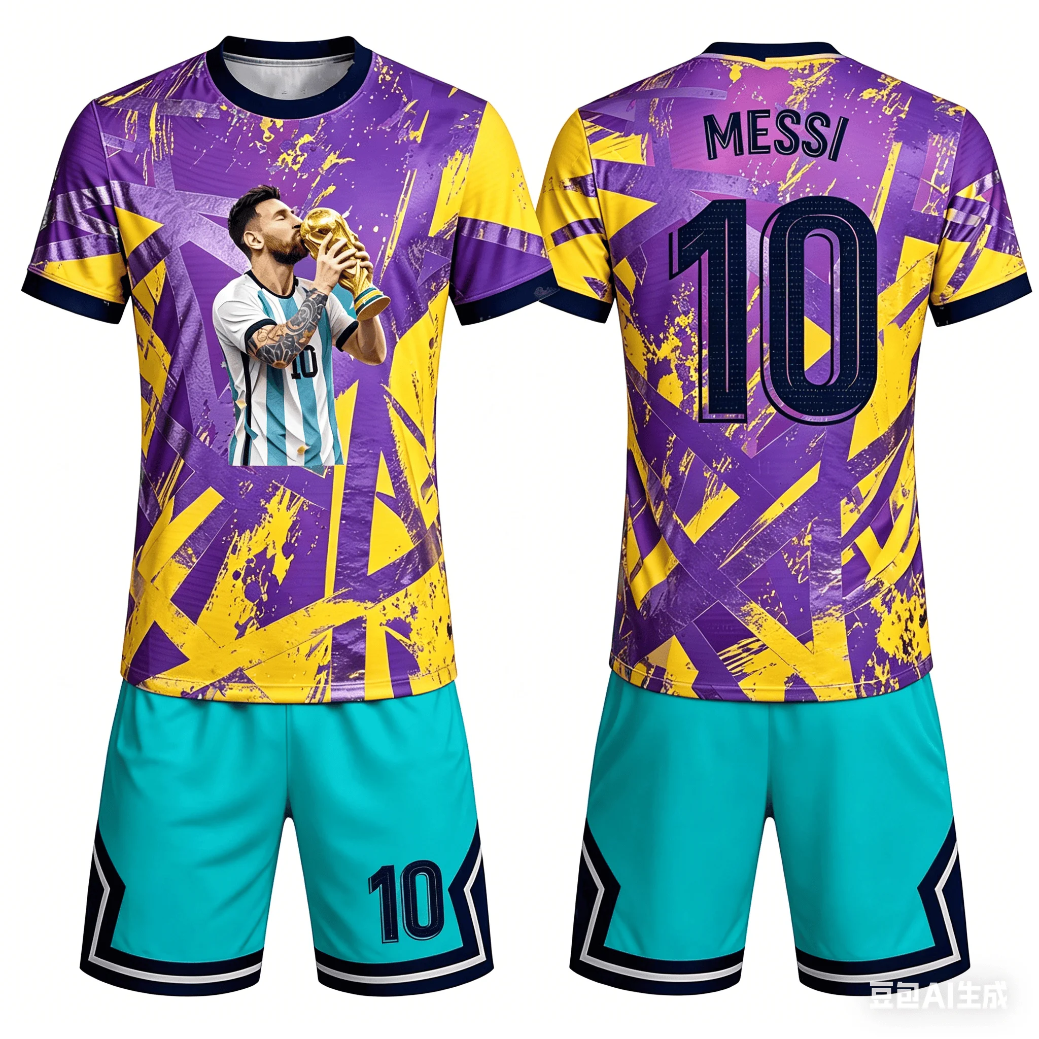 Messi Themed Multi-color Splashed Ink Graffiti Design, Size 10 Printed, Breathable, Unisex, Family Machingkids Jersey Set