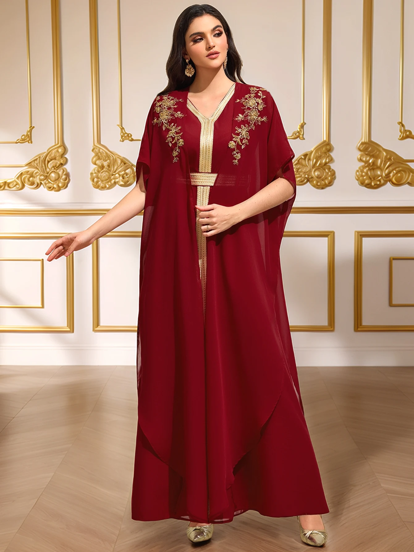 Luxury Burgundy Heavy Gold-Embroidered Arabic Abaya Cape-Sleeve Open-Front Dress Banquet / Party Gown