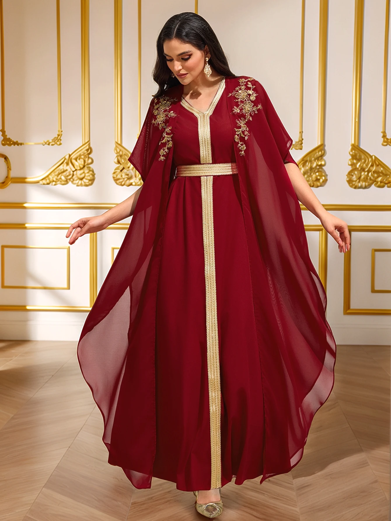 Luxury Burgundy Heavy Gold-Embroidered Arabic Abaya Cape-Sleeve Open-Front Dress Banquet / Party Gown