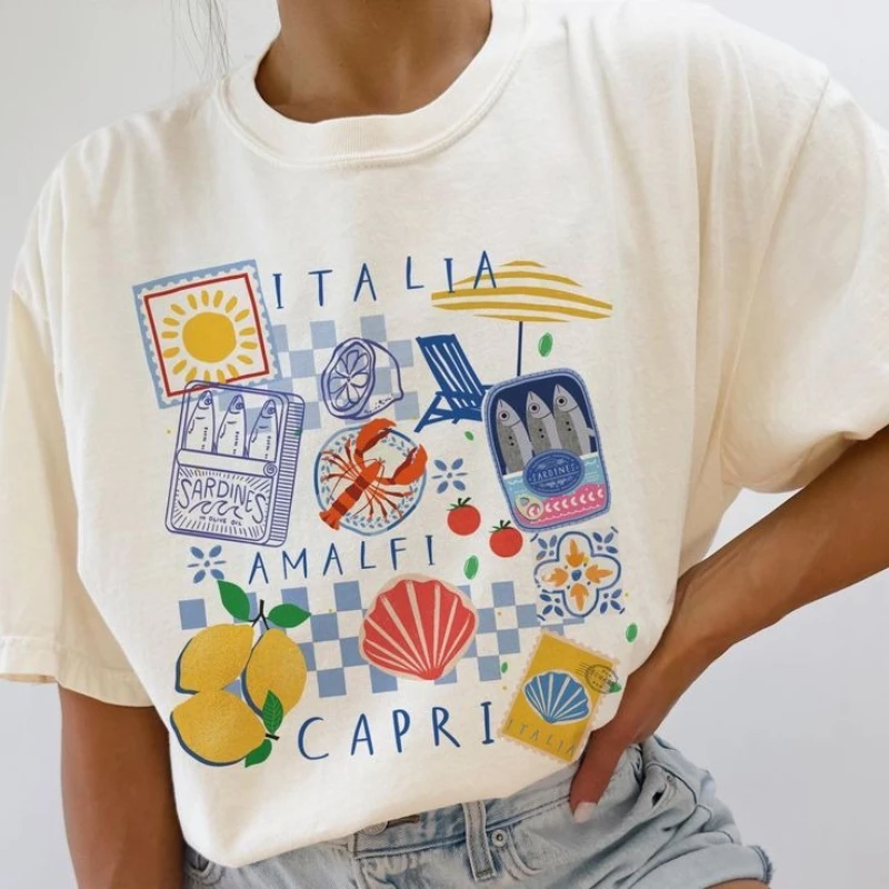 Capri Italia Graphic T-shirt Retro Funny Seafood Vacation Shirt Short Sleeve Crew Neck Casual Top Women's Clothing Oversized