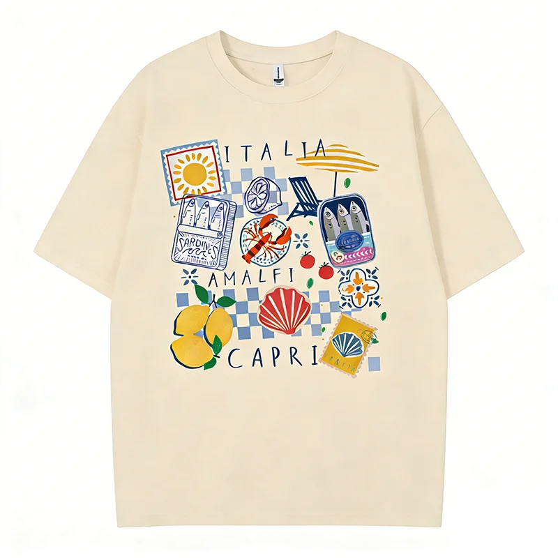 Capri Italia Graphic T-shirt Retro Funny Seafood Vacation Shirt Short Sleeve Crew Neck Casual Top Women's Clothing Oversized