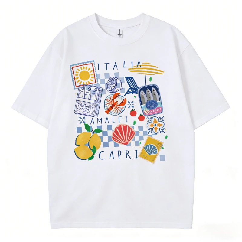 Capri Italia Graphic T-shirt Retro Funny Seafood Vacation Shirt Short Sleeve Crew Neck Casual Top Women's Clothing Oversized