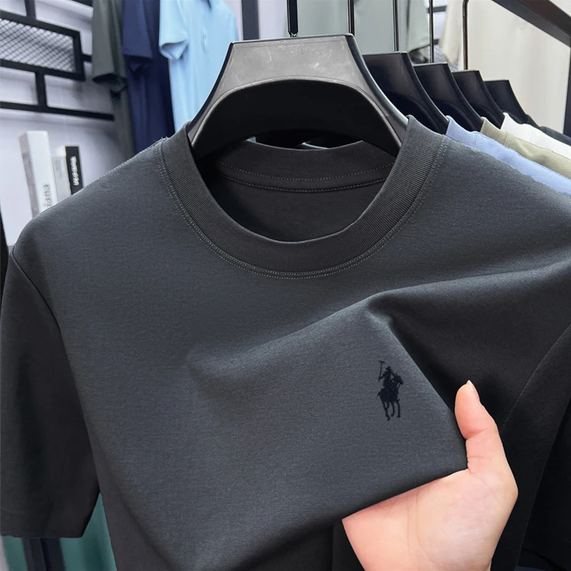 High End Men's Round Neck Half Sleeved T-shirt, Men's Summer Thin Breathable Embroidered Top
