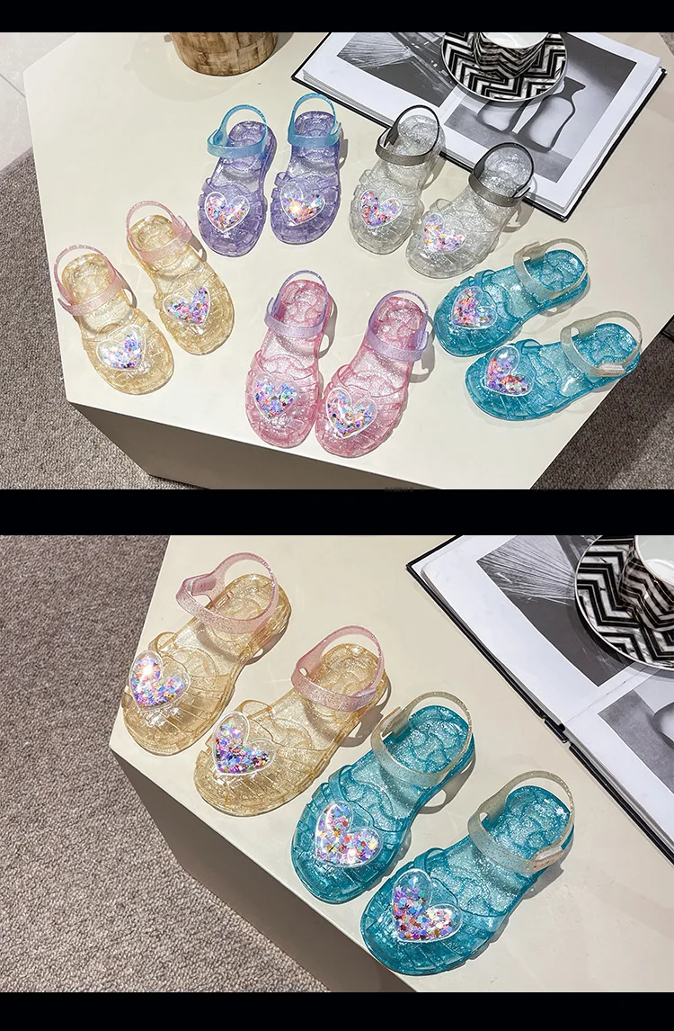 2026Kids' Sandals Ourdoor Crystal Jelly Shoes PVC Love Baby Fashion Flat For Girls Breathable Anti-slip Purple Sliver Size 24-35