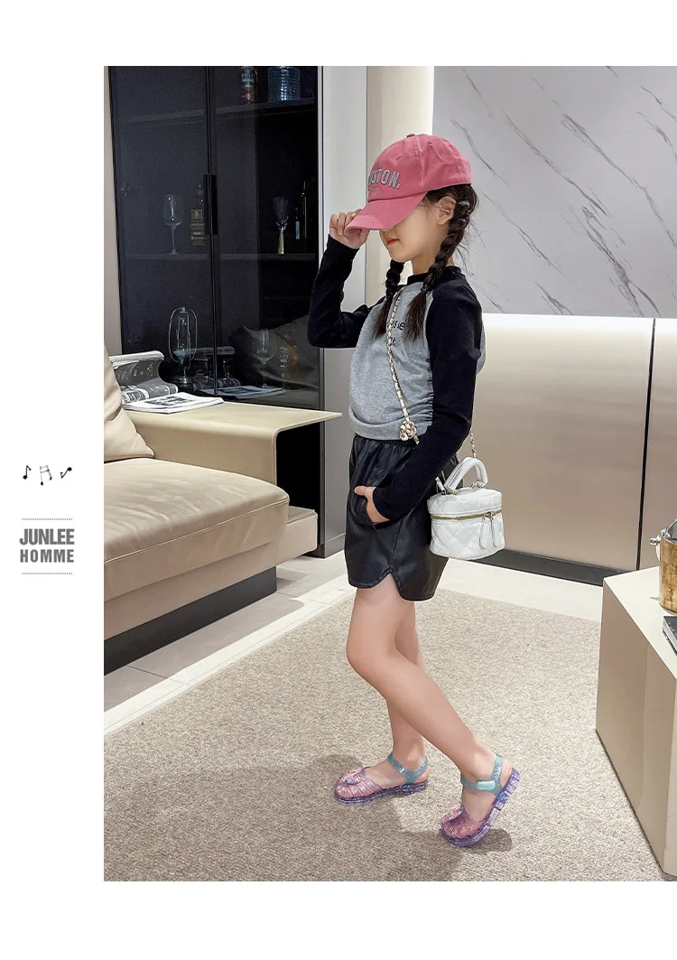 2026Kids' Sandals Ourdoor Crystal Jelly Shoes PVC Love Baby Fashion Flat For Girls Breathable Anti-slip Purple Sliver Size 24-35
