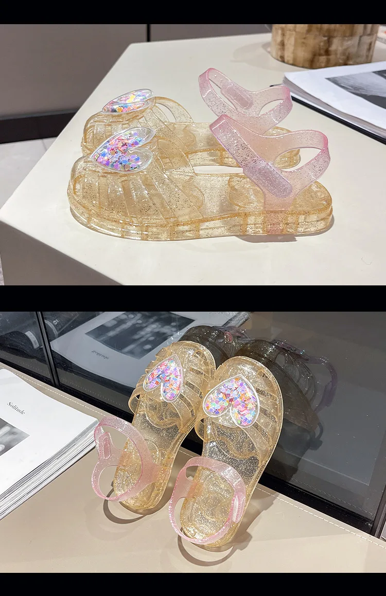 2026Kids' Sandals Ourdoor Crystal Jelly Shoes PVC Love Baby Fashion Flat For Girls Breathable Anti-slip Purple Sliver Size 24-35