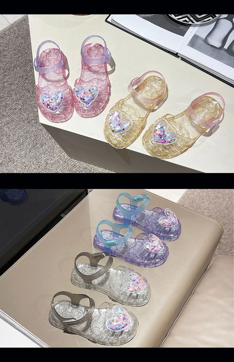 2026Kids' Sandals Ourdoor Crystal Jelly Shoes PVC Love Baby Fashion Flat For Girls Breathable Anti-slip Purple Sliver Size 24-35