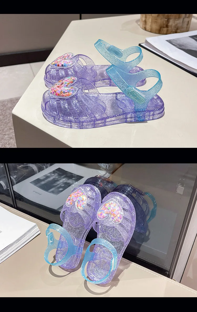 2026Kids' Sandals Ourdoor Crystal Jelly Shoes PVC Love Baby Fashion Flat For Girls Breathable Anti-slip Purple Sliver Size 24-35