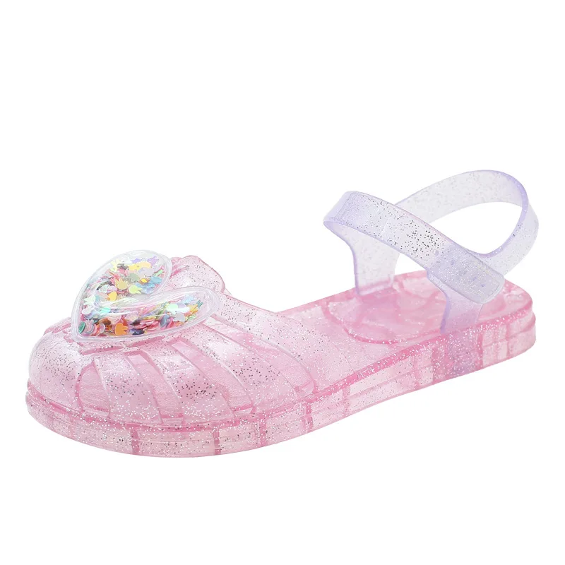 2026Kids' Sandals Ourdoor Crystal Jelly Shoes PVC Love Baby Fashion Flat For Girls Breathable Anti-slip Purple Sliver Size 24-35
