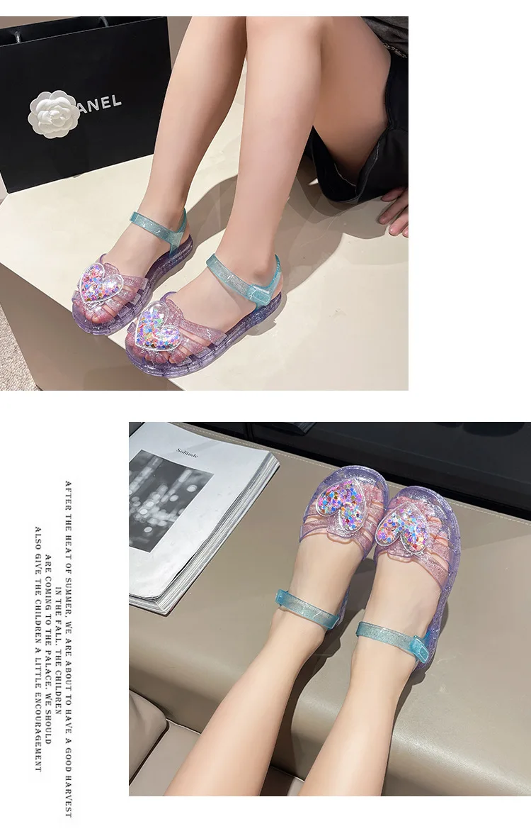 2026Kids' Sandals Ourdoor Crystal Jelly Shoes PVC Love Baby Fashion Flat For Girls Breathable Anti-slip Purple Sliver Size 24-35