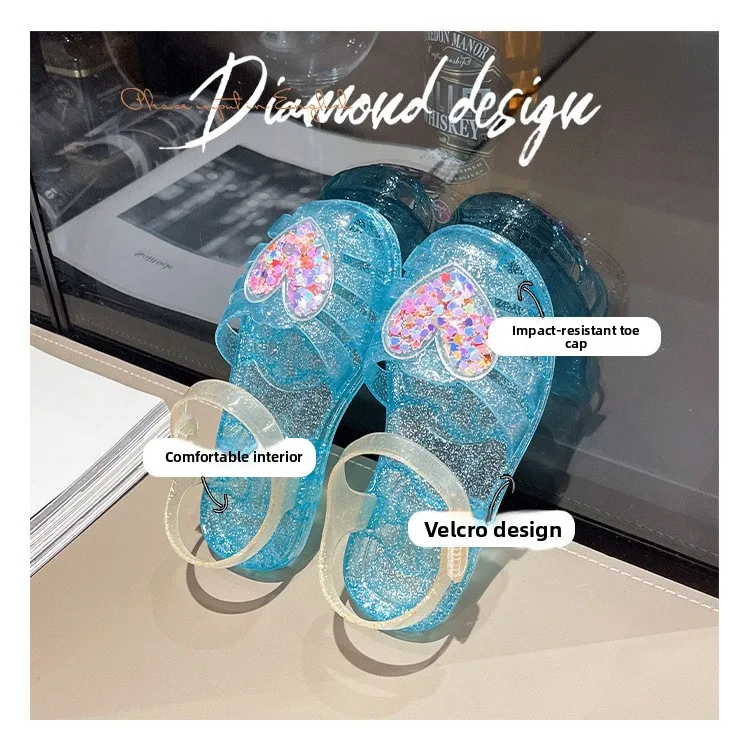 2026Kids' Sandals Ourdoor Crystal Jelly Shoes PVC Love Baby Fashion Flat For Girls Breathable Anti-slip Purple Sliver Size 24-35