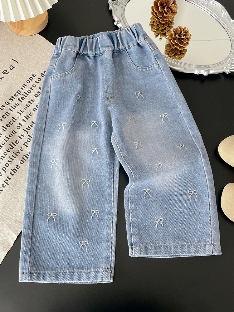 Girls' Embroidered Bow Wide-Leg Denim Pants