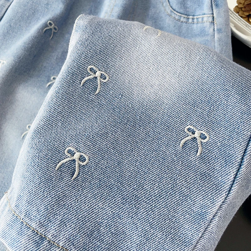 Girls' Embroidered Bow Wide-Leg Denim Pants