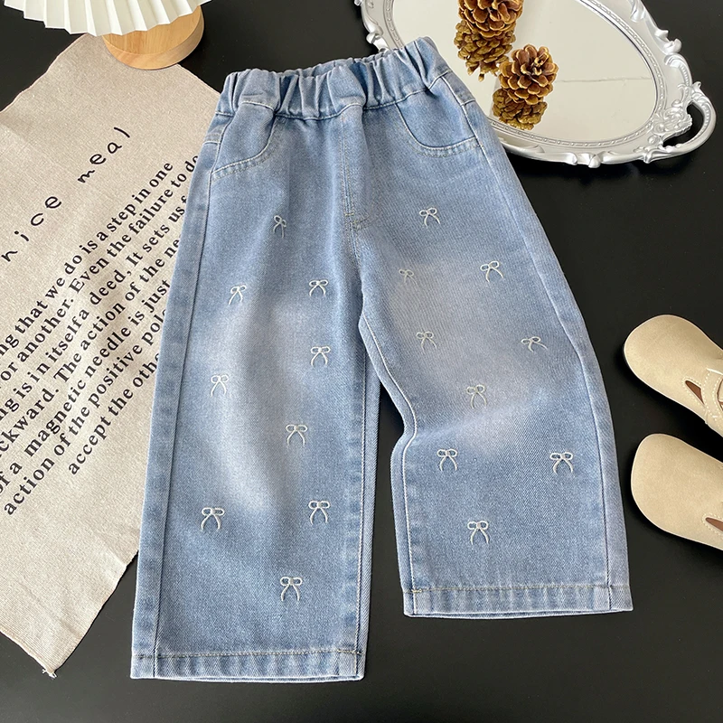 Girls' Embroidered Bow Wide-Leg Denim Pants