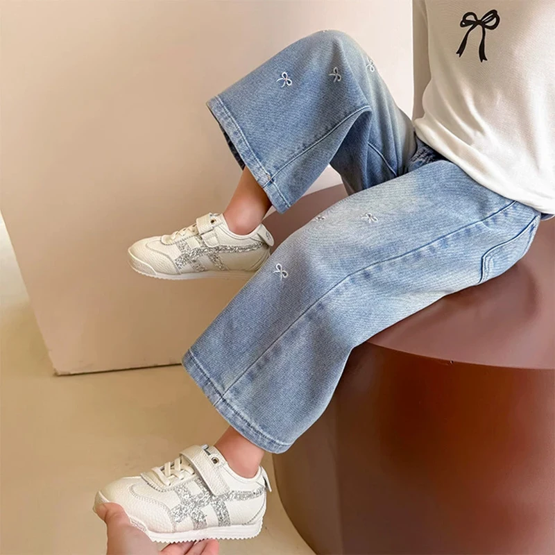 Girls' Embroidered Bow Wide-Leg Denim Pants