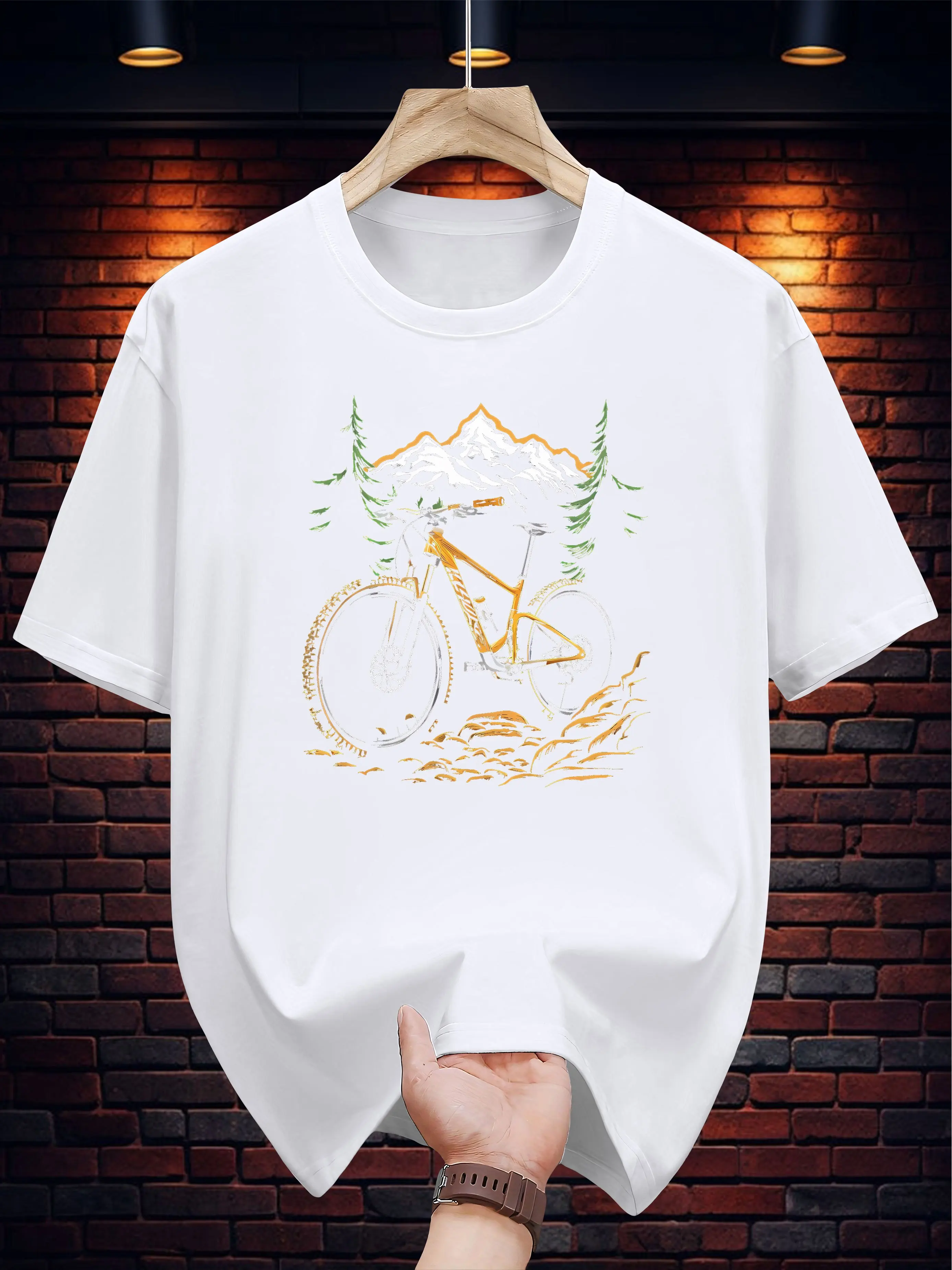 Summer Men's 100% Cotton Casual Loose Mountain and Bicycle Pattern Printed Comfortable Sports Round Neck Short Sleeved T-Shirt