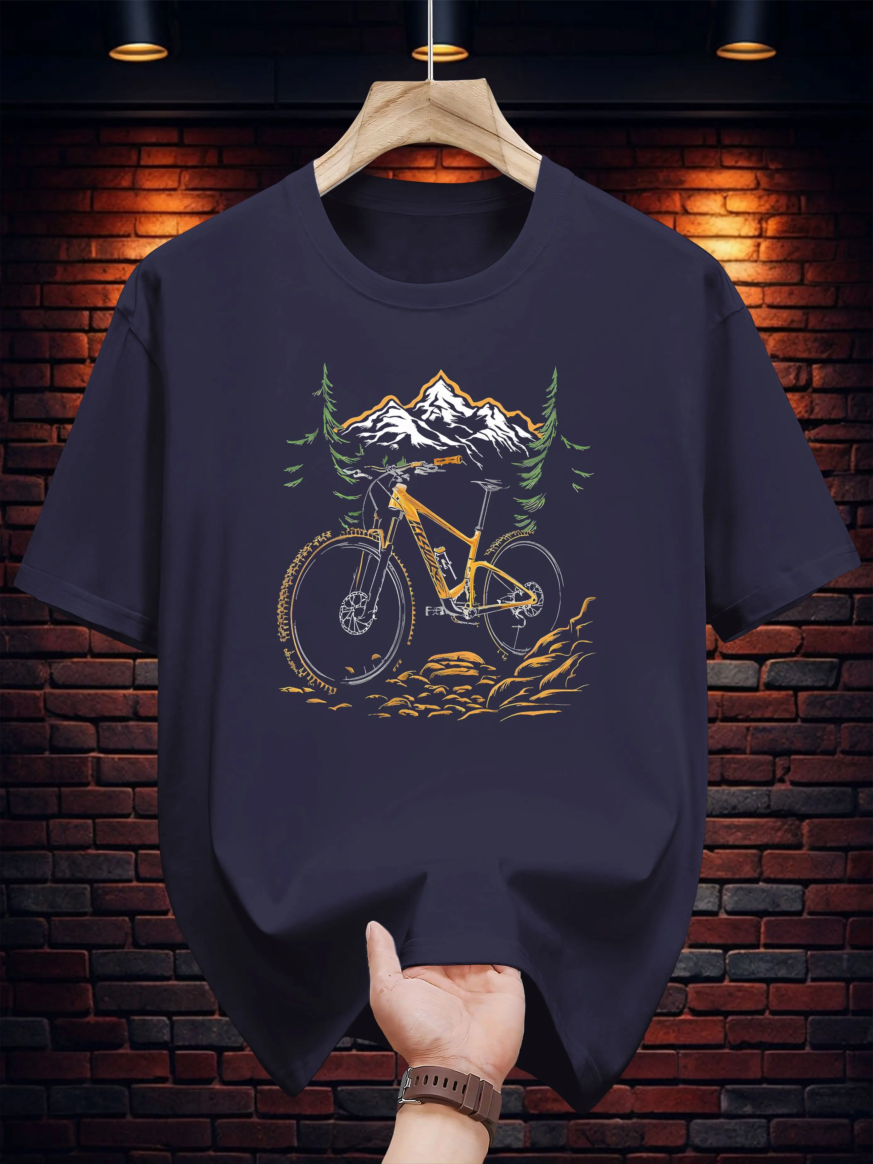 Summer Men's 100% Cotton Casual Loose Mountain and Bicycle Pattern Printed Comfortable Sports Round Neck Short Sleeved T-Shirt