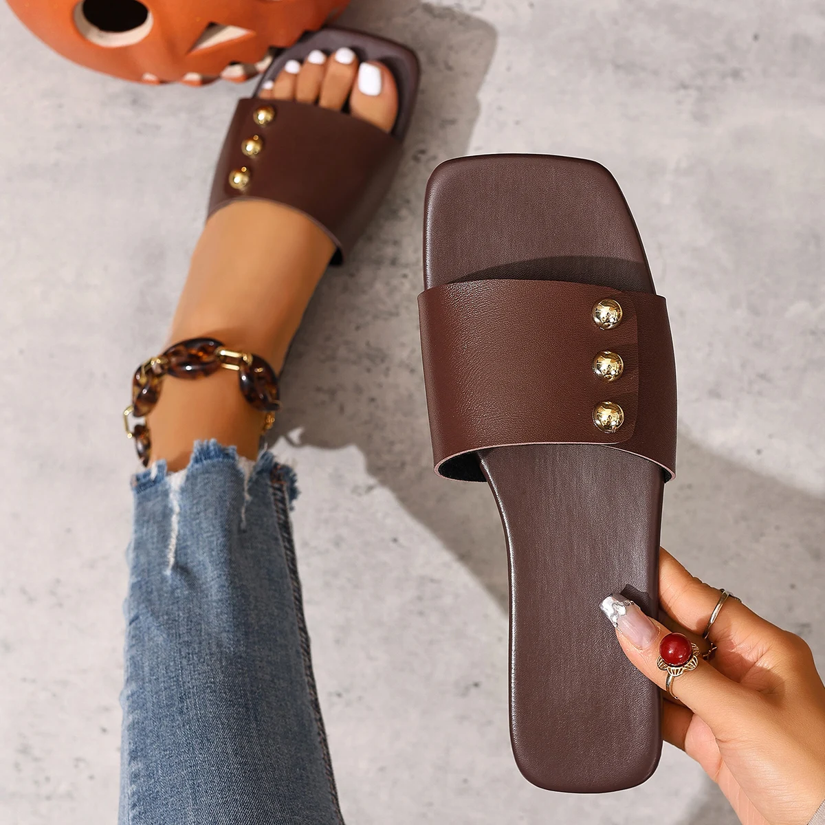 Women's Soft Slip Slippers Summer New Square Toe Hollow Cross with Rivet Non-slip Wear-resistant Flats