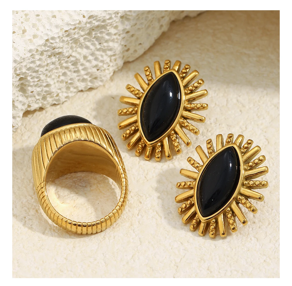 MamacitaSlay 316L Stainless Steel Black Agate Earrings Rings 18k Gold Plated Waterproof Jewelry Set For Women Unique Cool Gift