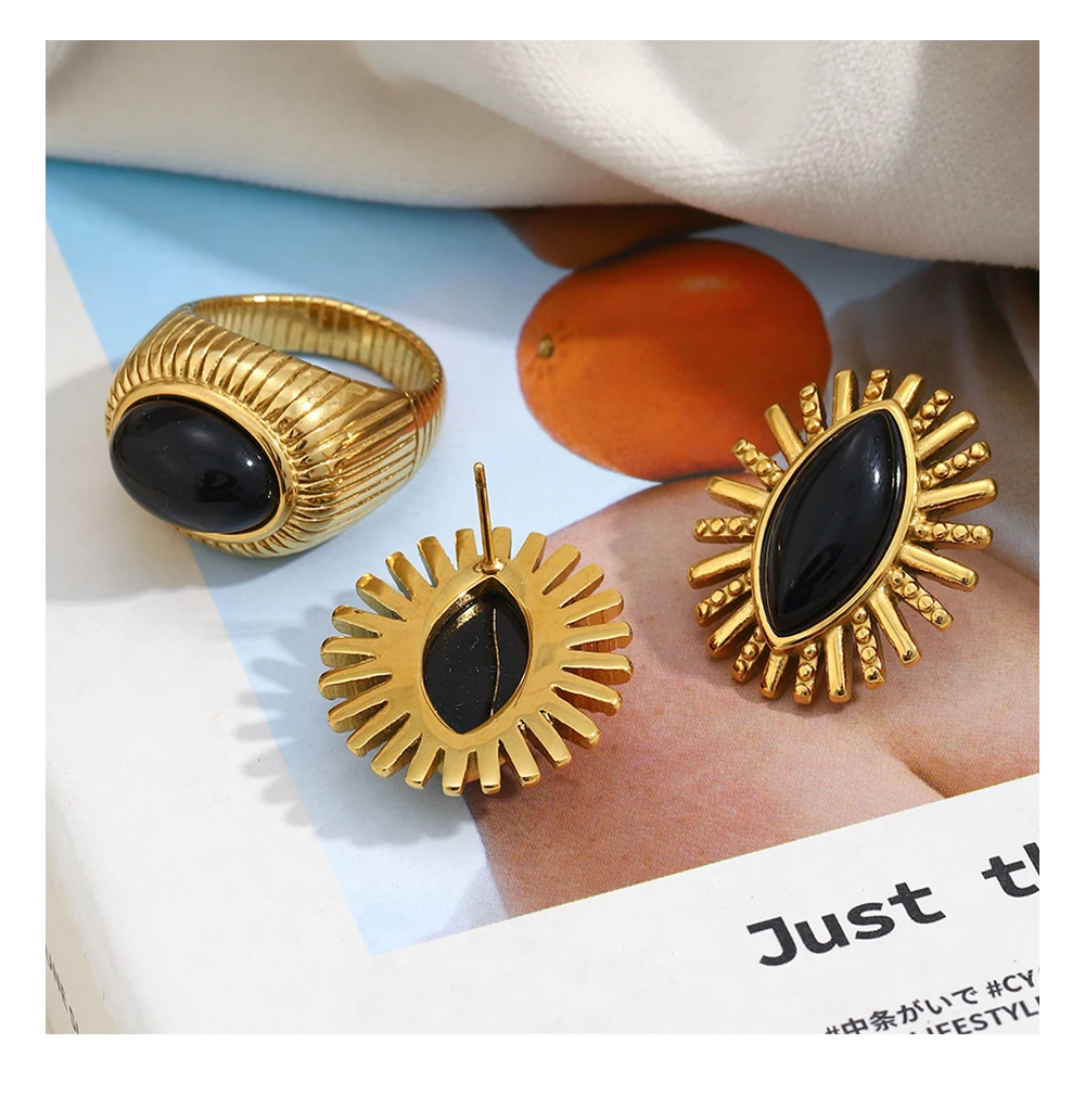 MamacitaSlay 316L Stainless Steel Black Agate Earrings Rings 18k Gold Plated Waterproof Jewelry Set For Women Unique Cool Gift