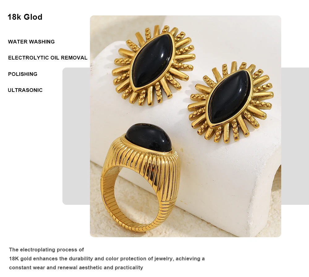 MamacitaSlay 316L Stainless Steel Black Agate Earrings Rings 18k Gold Plated Waterproof Jewelry Set For Women Unique Cool Gift