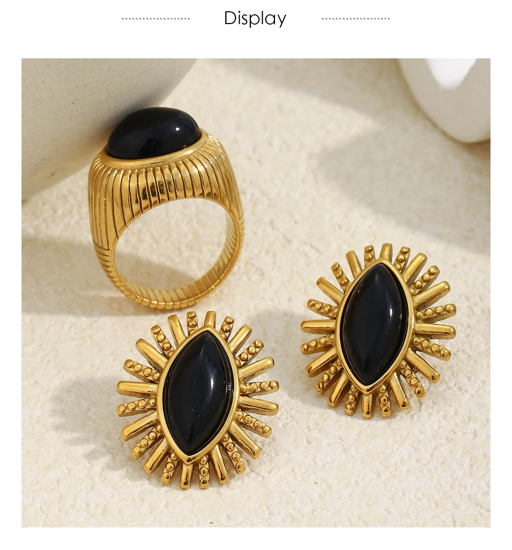 MamacitaSlay 316L Stainless Steel Black Agate Earrings Rings 18k Gold Plated Waterproof Jewelry Set For Women Unique Cool Gift