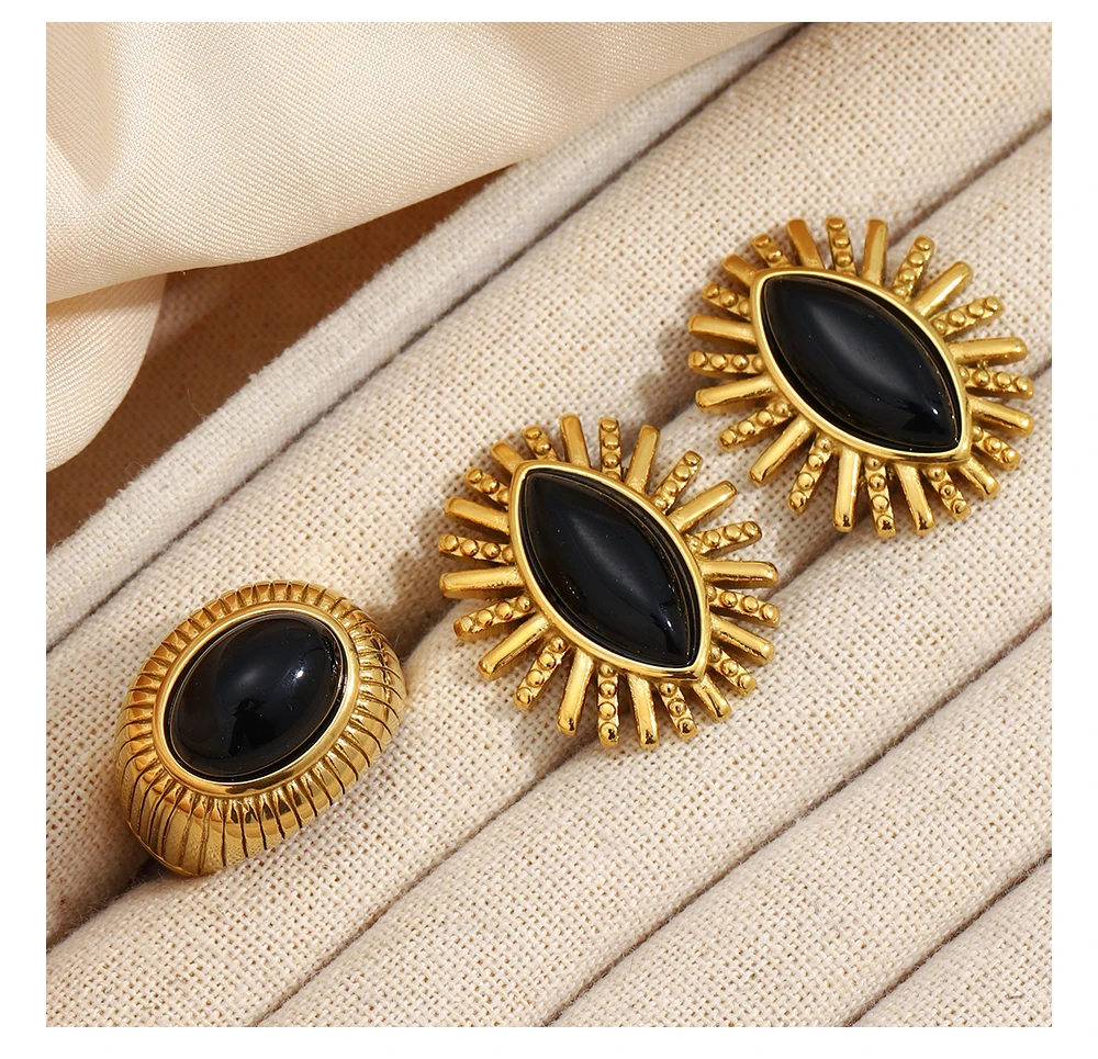 MamacitaSlay 316L Stainless Steel Black Agate Earrings Rings 18k Gold Plated Waterproof Jewelry Set For Women Unique Cool Gift