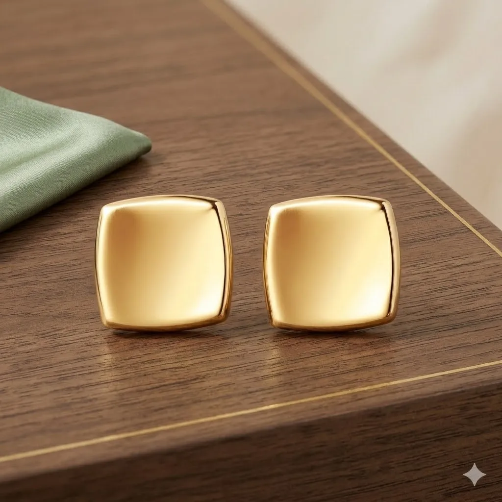 Hiraeva Polished Gold Color Stainless Steel Square Earrings Maximalist Ruched Texture Trendy Jewelry