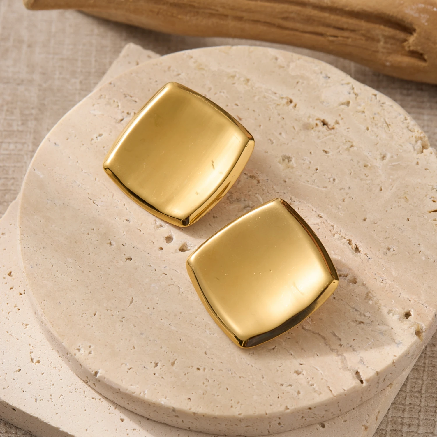 Hiraeva Polished Gold Color Stainless Steel Square Earrings Maximalist Ruched Texture Trendy Jewelry