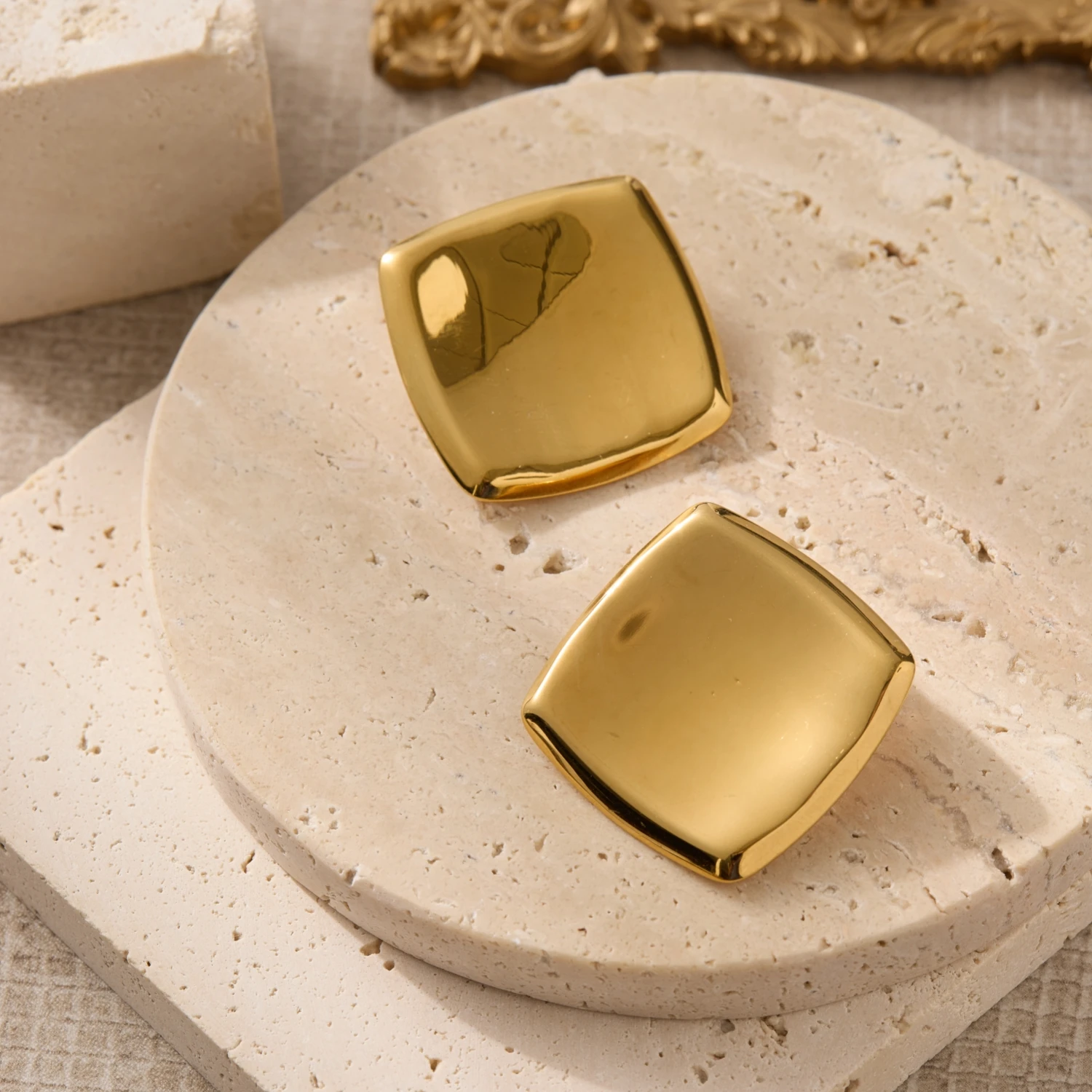 Hiraeva Polished Gold Color Stainless Steel Square Earrings Maximalist Ruched Texture Trendy Jewelry