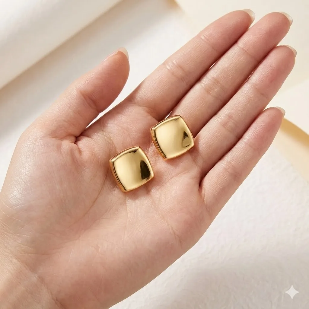 Hiraeva Polished Gold Color Stainless Steel Square Earrings Maximalist Ruched Texture Trendy Jewelry