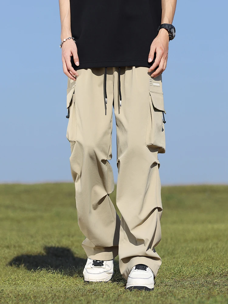 Summer Cargo Pants Men Lightweight Nylon Spandex Ice Silk Cooling Sweatpants Wide Leg Loose Fit Straight Trousers Big Size 8XL