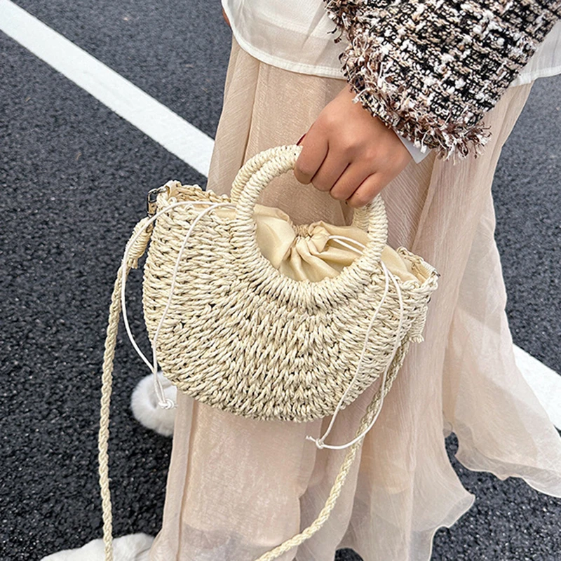 2026 NEW Summer Women Handmade Weave Straw Rattan Half-Moon Beach Handbag Large Capacity Hollow Crossbody Shoulder Bag
