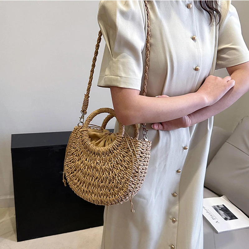 2026 NEW Summer Women Handmade Weave Straw Rattan Half-Moon Beach Handbag Large Capacity Hollow Crossbody Shoulder Bag