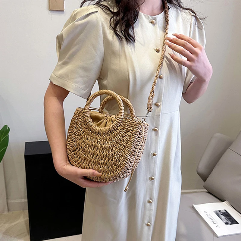 2026 NEW Summer Women Handmade Weave Straw Rattan Half-Moon Beach Handbag Large Capacity Hollow Crossbody Shoulder Bag
