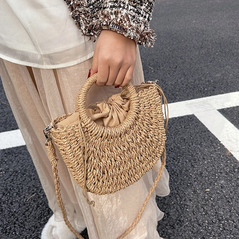 2026 NEW Summer Women Handmade Weave Straw Rattan Half-Moon Beach Handbag Large Capacity Hollow Crossbody Shoulder Bag