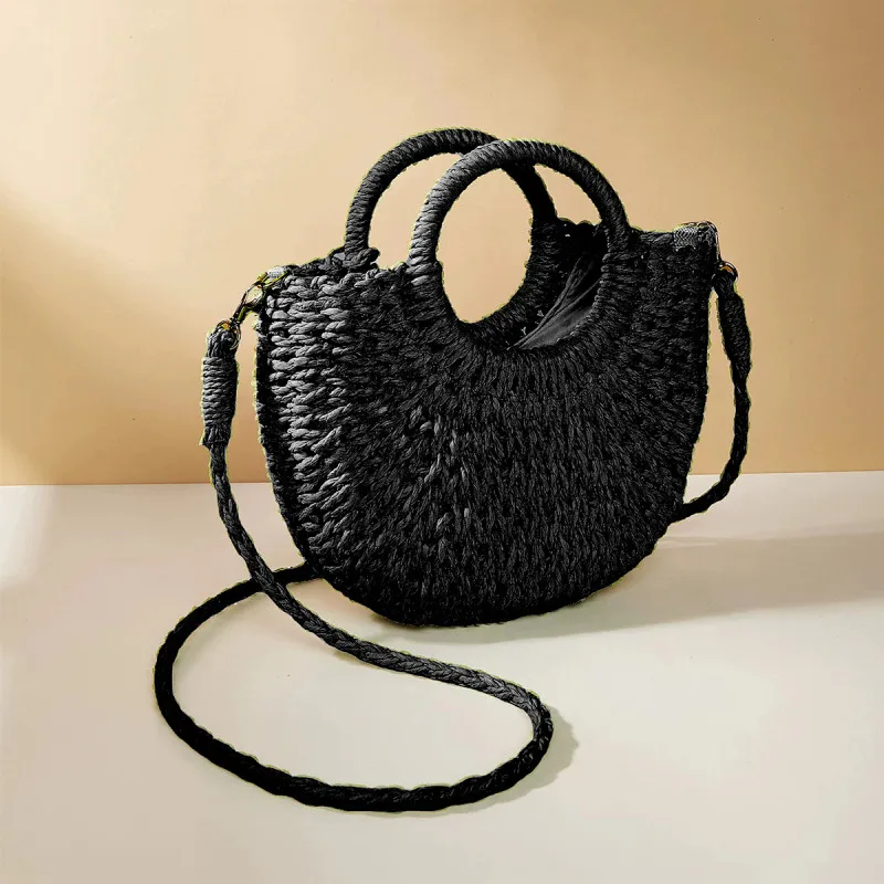 2026 NEW Summer Women Handmade Weave Straw Rattan Half-Moon Beach Handbag Large Capacity Hollow Crossbody Shoulder Bag