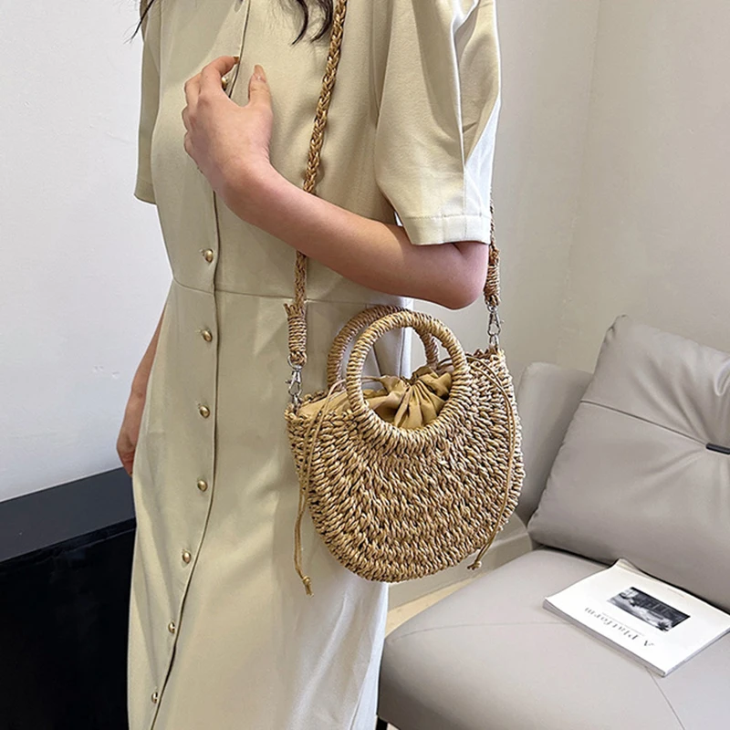 2026 NEW Summer Women Handmade Weave Straw Rattan Half-Moon Beach Handbag Large Capacity Hollow Crossbody Shoulder Bag