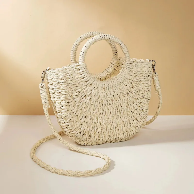 2026 NEW Summer Women Handmade Weave Straw Rattan Half-Moon Beach Handbag Large Capacity Hollow Crossbody Shoulder Bag