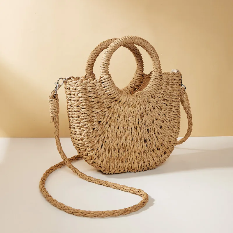 2026 NEW Summer Women Handmade Weave Straw Rattan Half-Moon Beach Handbag Large Capacity Hollow Crossbody Shoulder Bag