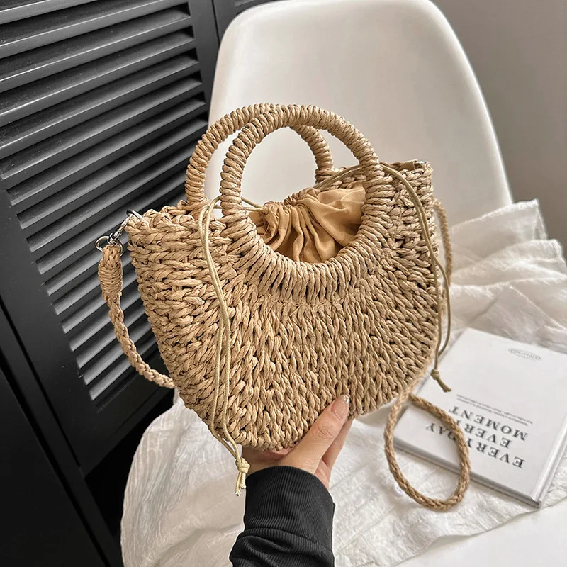 2026 NEW Summer Women Handmade Weave Straw Rattan Half-Moon Beach Handbag Large Capacity Hollow Crossbody Shoulder Bag