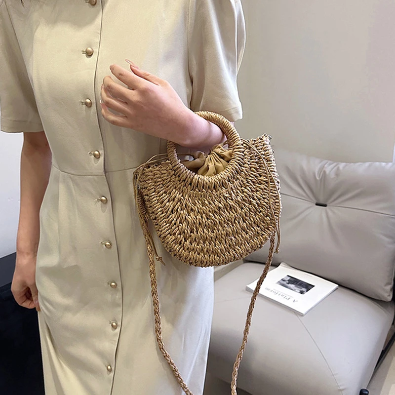 2026 NEW Summer Women Handmade Weave Straw Rattan Half-Moon Beach Handbag Large Capacity Hollow Crossbody Shoulder Bag