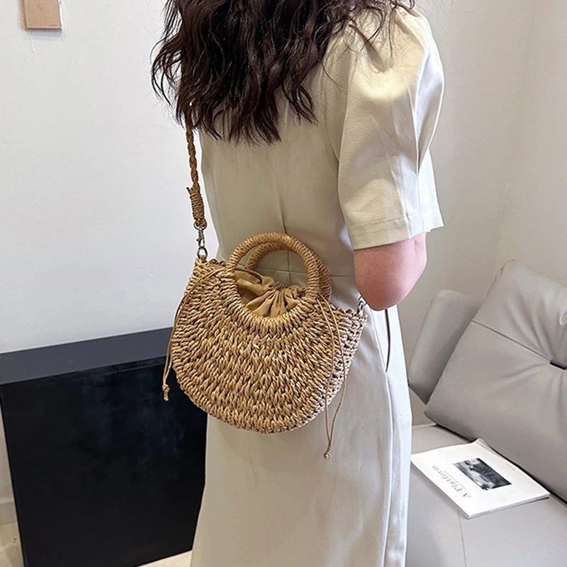 2026 NEW Summer Women Handmade Weave Straw Rattan Half-Moon Beach Handbag Large Capacity Hollow Crossbody Shoulder Bag