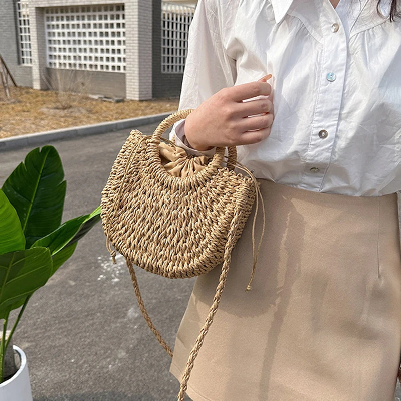 2026 NEW Summer Women Handmade Weave Straw Rattan Half-Moon Beach Handbag Large Capacity Hollow Crossbody Shoulder Bag