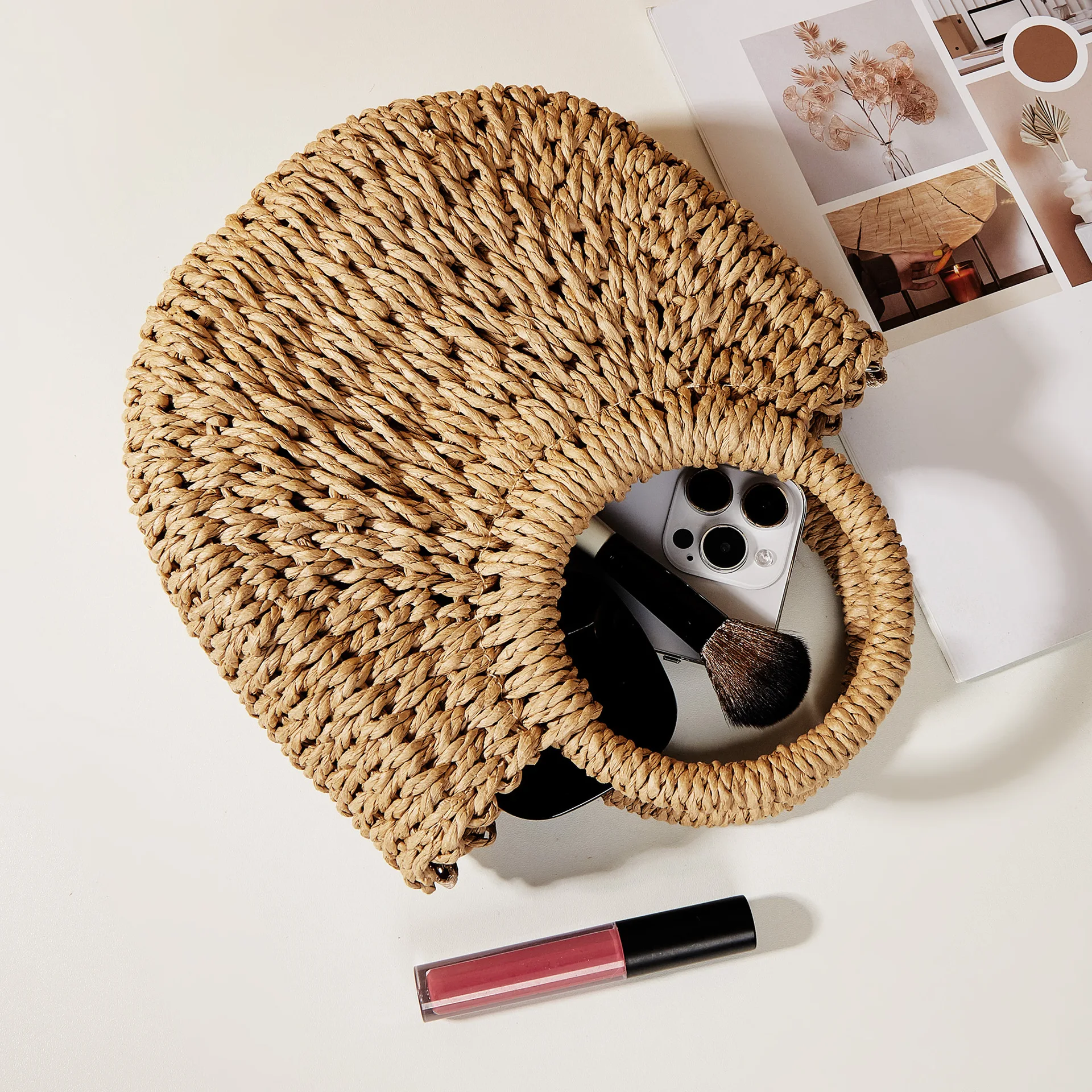 2026 NEW Summer Women Handmade Weave Straw Rattan Half-Moon Beach Handbag Large Capacity Hollow Crossbody Shoulder Bag