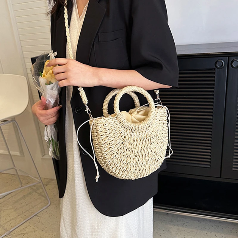 2026 NEW Summer Women Handmade Weave Straw Rattan Half-Moon Beach Handbag Large Capacity Hollow Crossbody Shoulder Bag