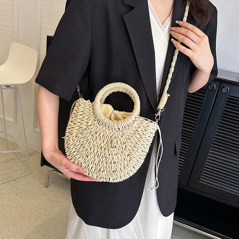 2026 NEW Summer Women Handmade Weave Straw Rattan Half-Moon Beach Handbag Large Capacity Hollow Crossbody Shoulder Bag